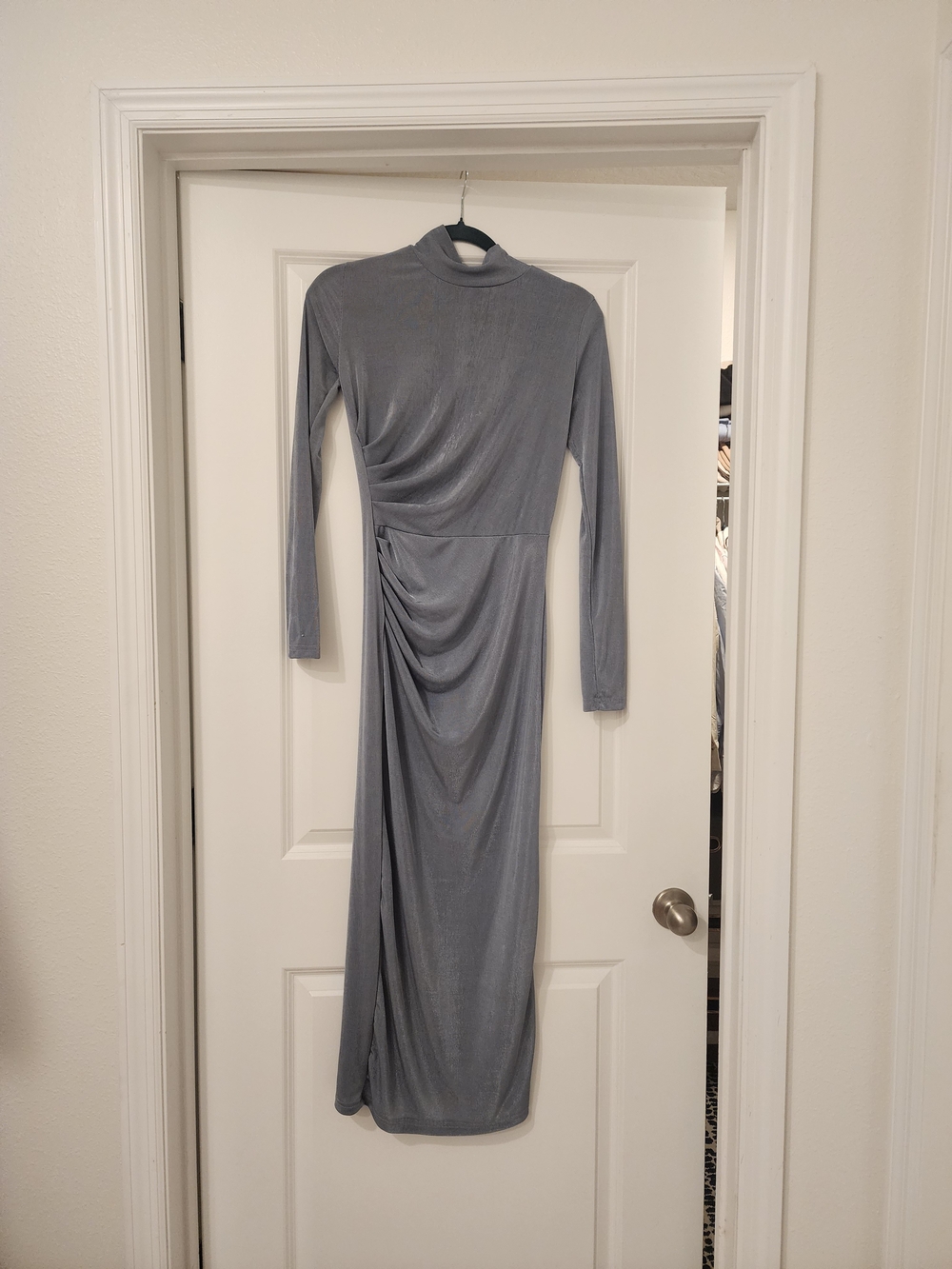 Elegant Long-Sleeve Slate Grey/Blue Draped Maxi Dress